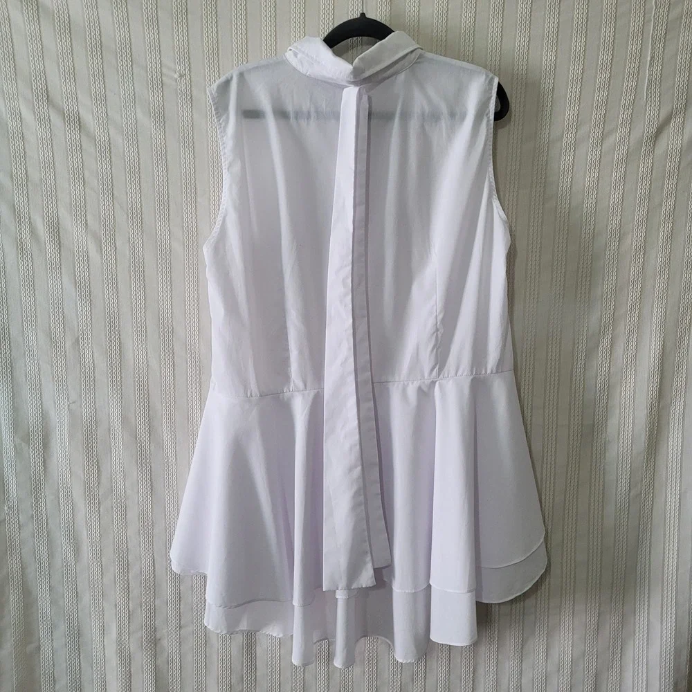 New York & Co Sleeveless Blouse XL White Bow Tie Neck Tiered Ruffle Peplum Hem - Picture 3 of 8